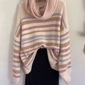 Polyester/cotton/spandex striped pastels long sleeve sweater bubble sleeve